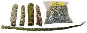 ceremonial smudge sampler with smudging sticks and sweetgrass